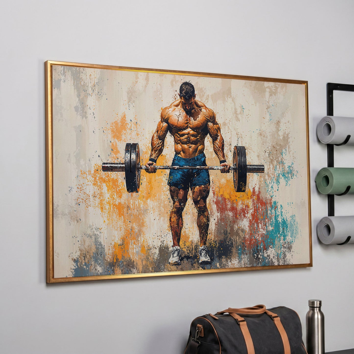 Bodybuilder with Barbell Canvas Print in Teal in rose gold floating frame