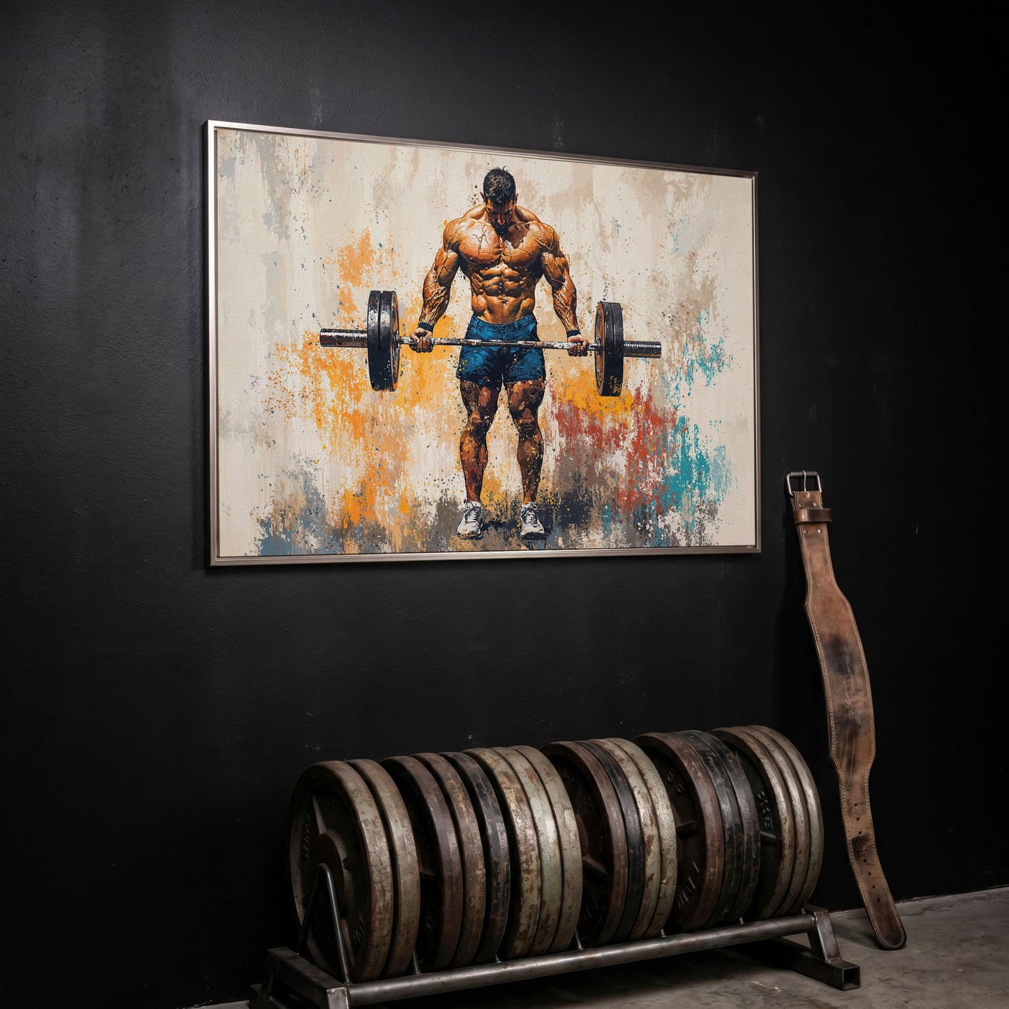Bodybuilder with Barbell Canvas Print in Teal in silver floating frame