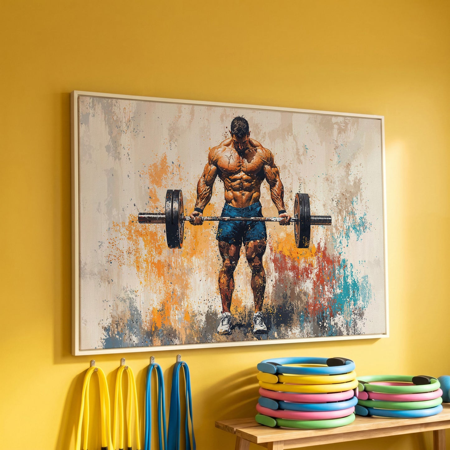 Bodybuilder with Barbell Canvas Print in Teal in white floating frame