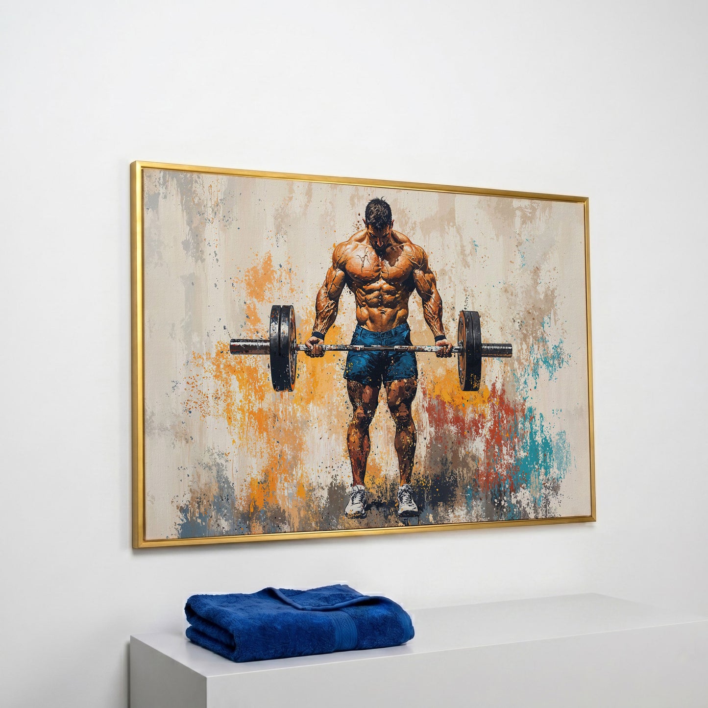 Bodybuilder with Barbell Canvas Print in Teal in yellow gold floating frame