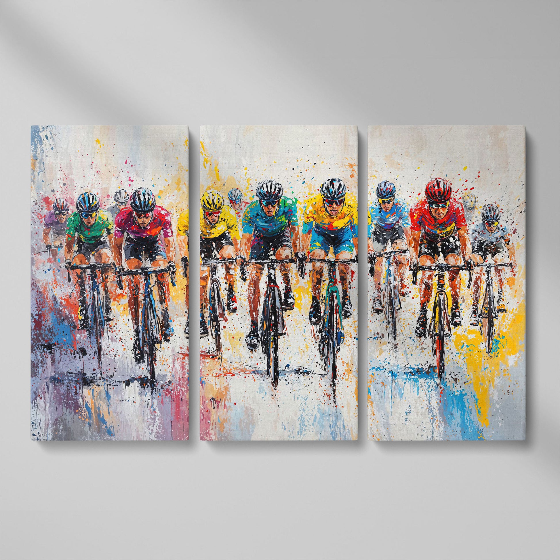 Cycling Race Canvas Print with Teal & Gold Peloton as 3-panel split version