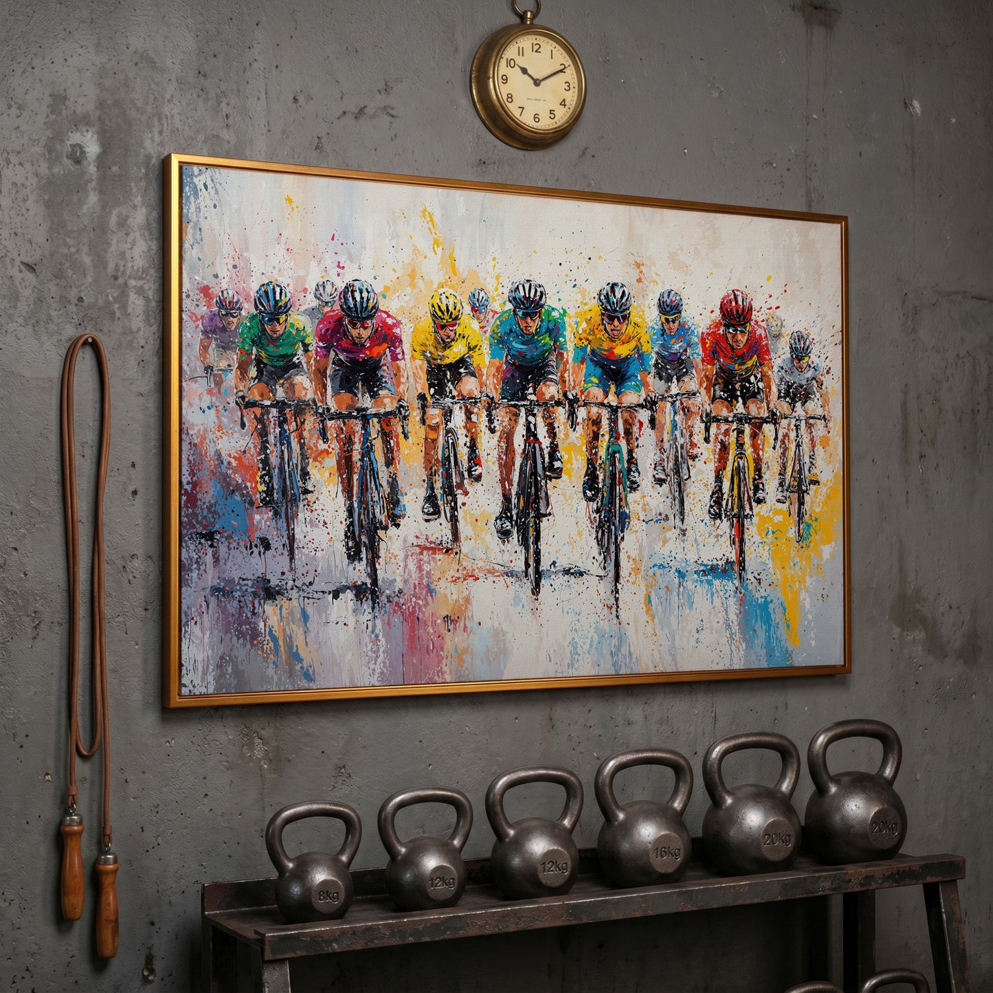 Cycling Race Canvas Print with Teal & Gold Peloton in antique gold floating frame