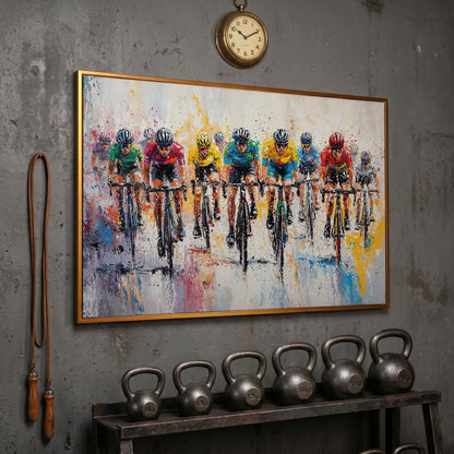 Cycling Race Canvas Print with Teal & Gold Peloton in antique gold floating frame
