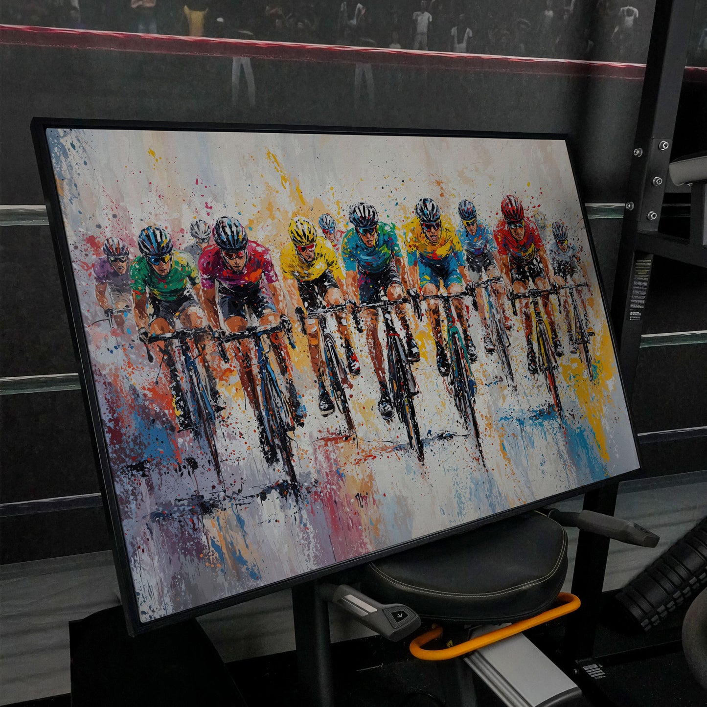 Cycling Race Canvas Print with Teal & Gold Peloton in black floating frame