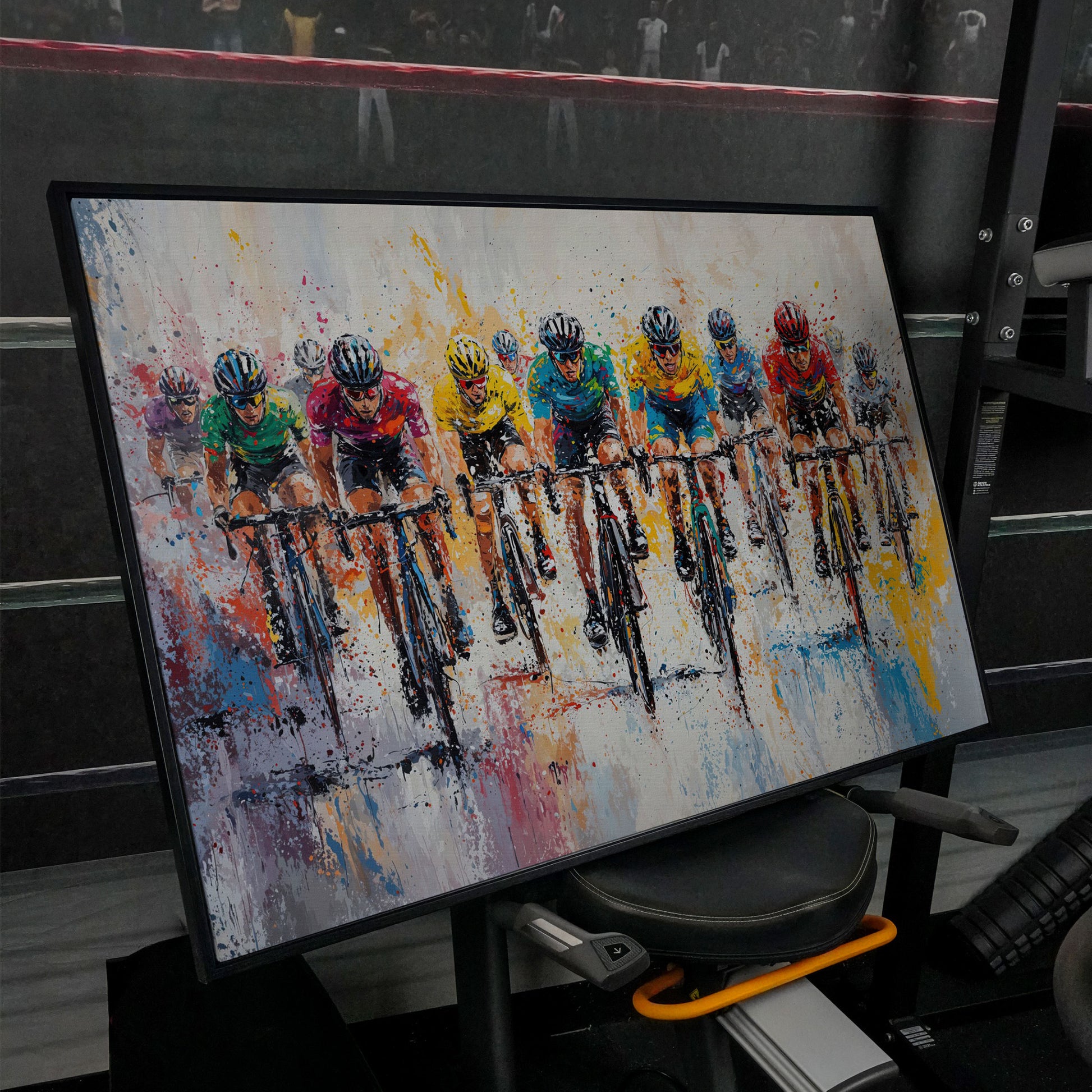Cycling Race Canvas Print with Teal & Gold Peloton in black floating frame