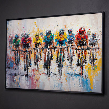 Cycling Race Canvas Print with Teal & Gold Peloton shown in black floating frame