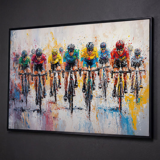 Cycling Race Canvas Print with Teal & Gold Peloton shown in black floating frame