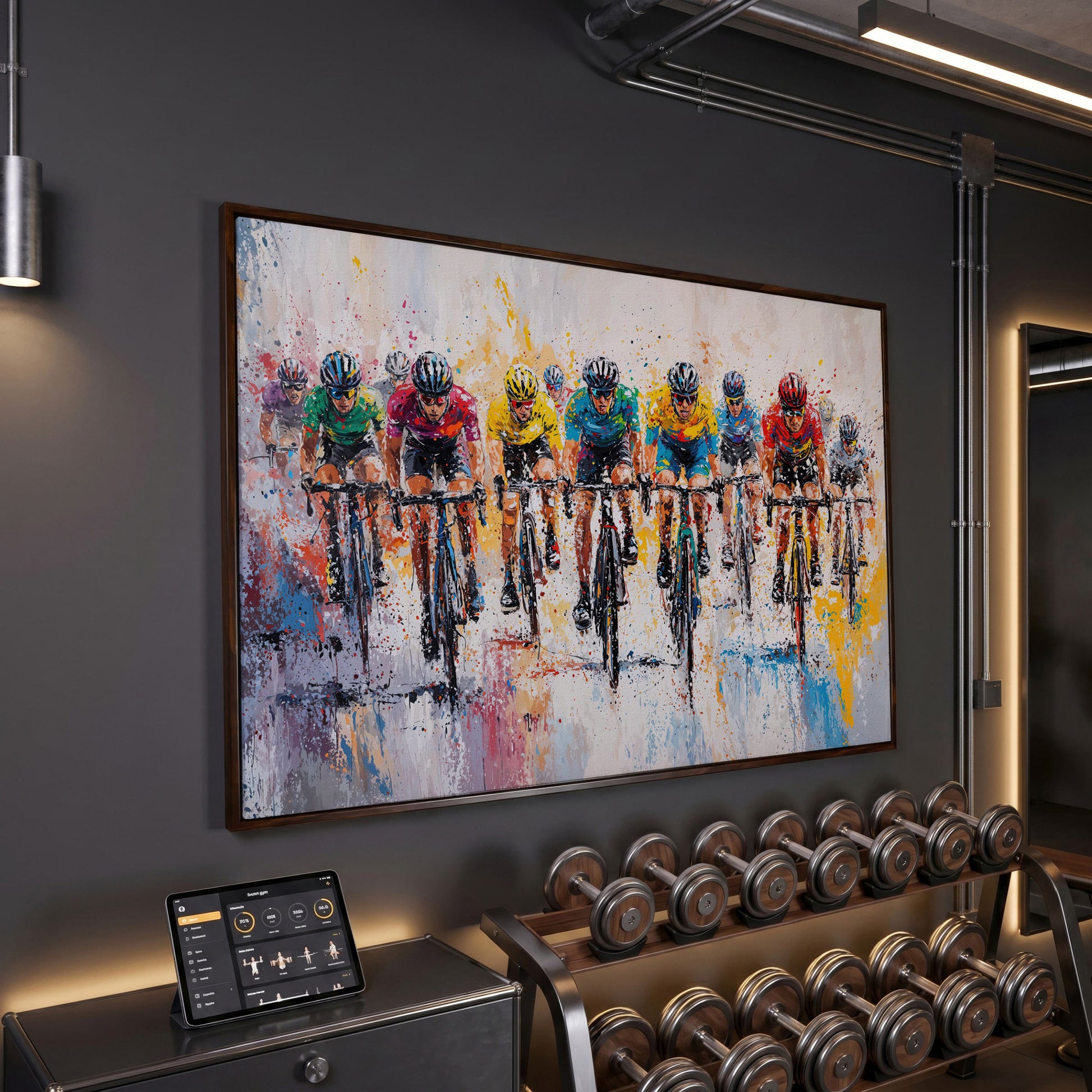 Cycling Race Canvas Print with Teal & Gold Peloton in dark walnut floating frame