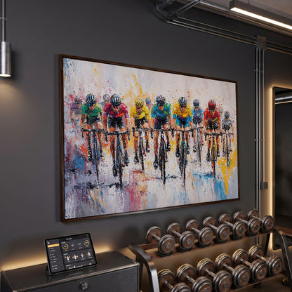 Cycling Race Canvas Print with Teal & Gold Peloton in dark walnut floating frame