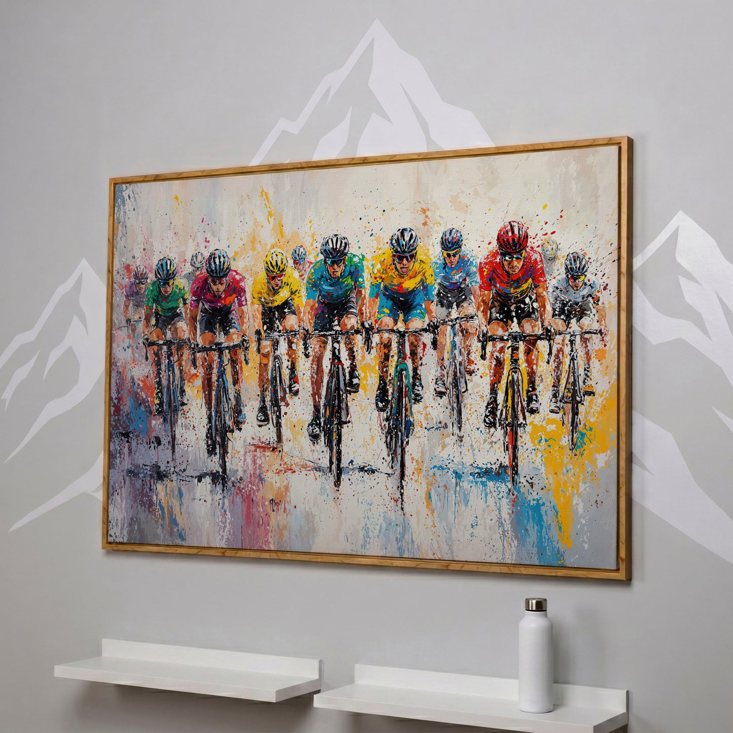 Cycling Race Canvas Print with Teal & Gold Peloton in white oak floating frame