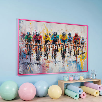 Cycling Race Canvas Print with Teal & Gold Peloton in pink floating frame