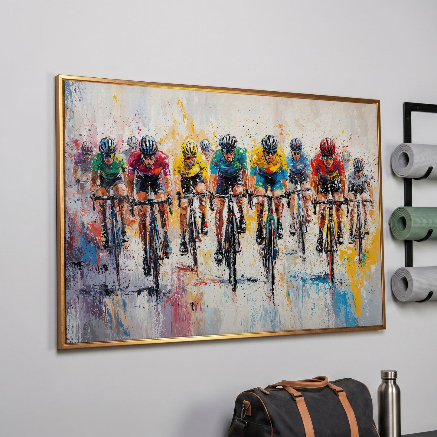 Cycling Race Canvas Print with Teal & Gold Peloton in rose gold floating frame