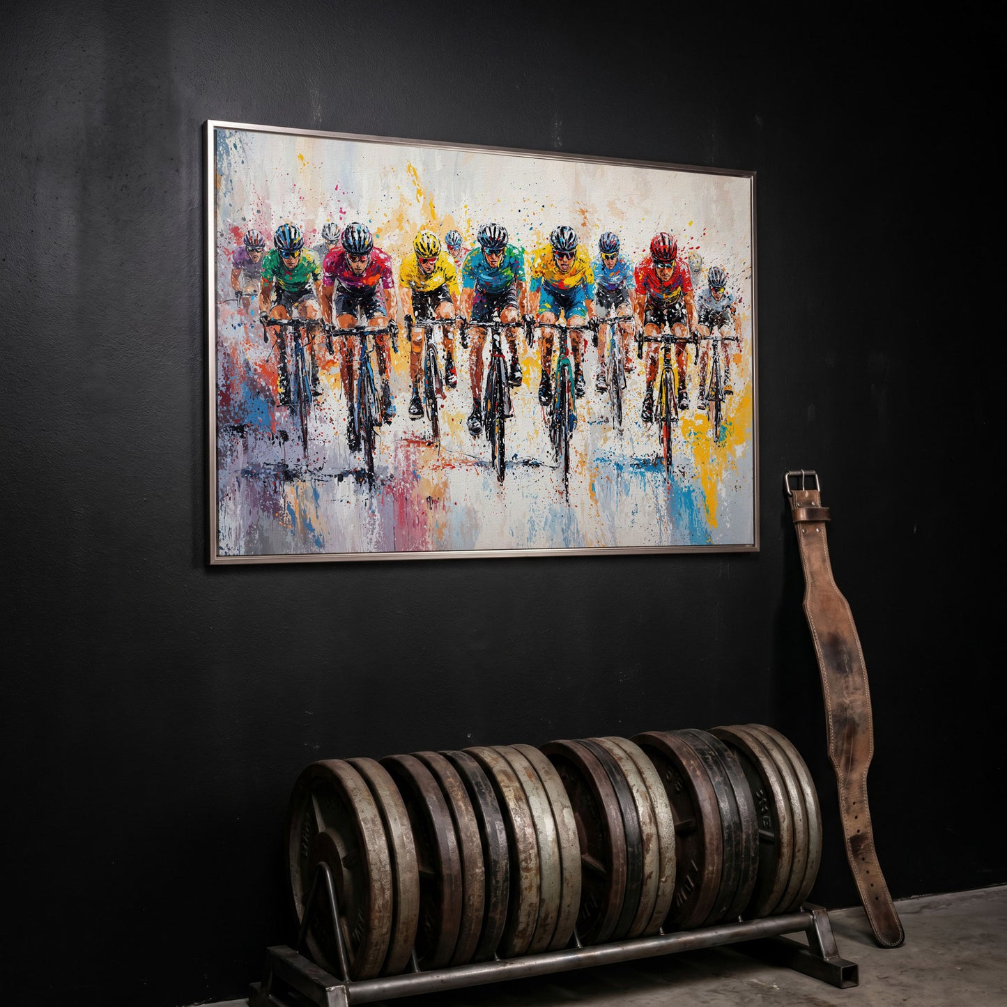 Cycling Race Canvas Print with Teal & Gold Peloton in silver floating frame