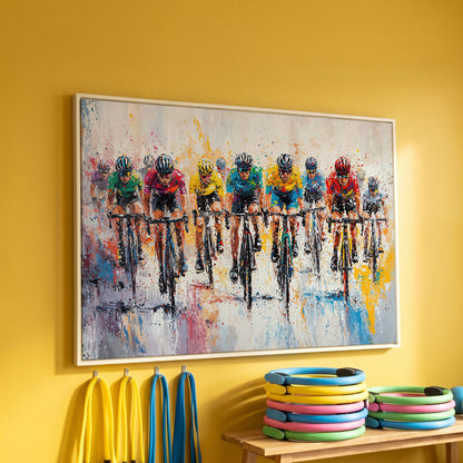 Cycling Race Canvas Print with Teal & Gold Peloton in white floating frame