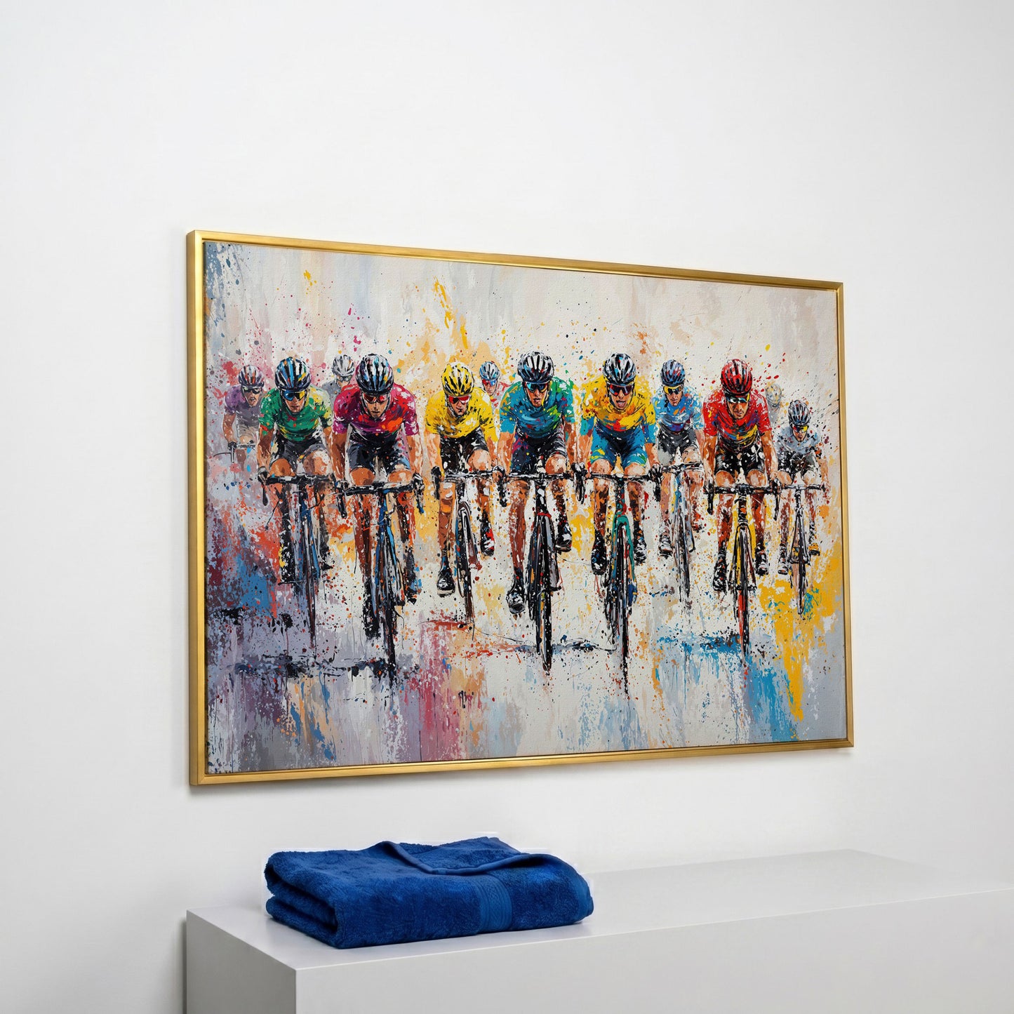 Cycling Race Canvas Print with Teal & Gold Peloton in yellow gold floating frame