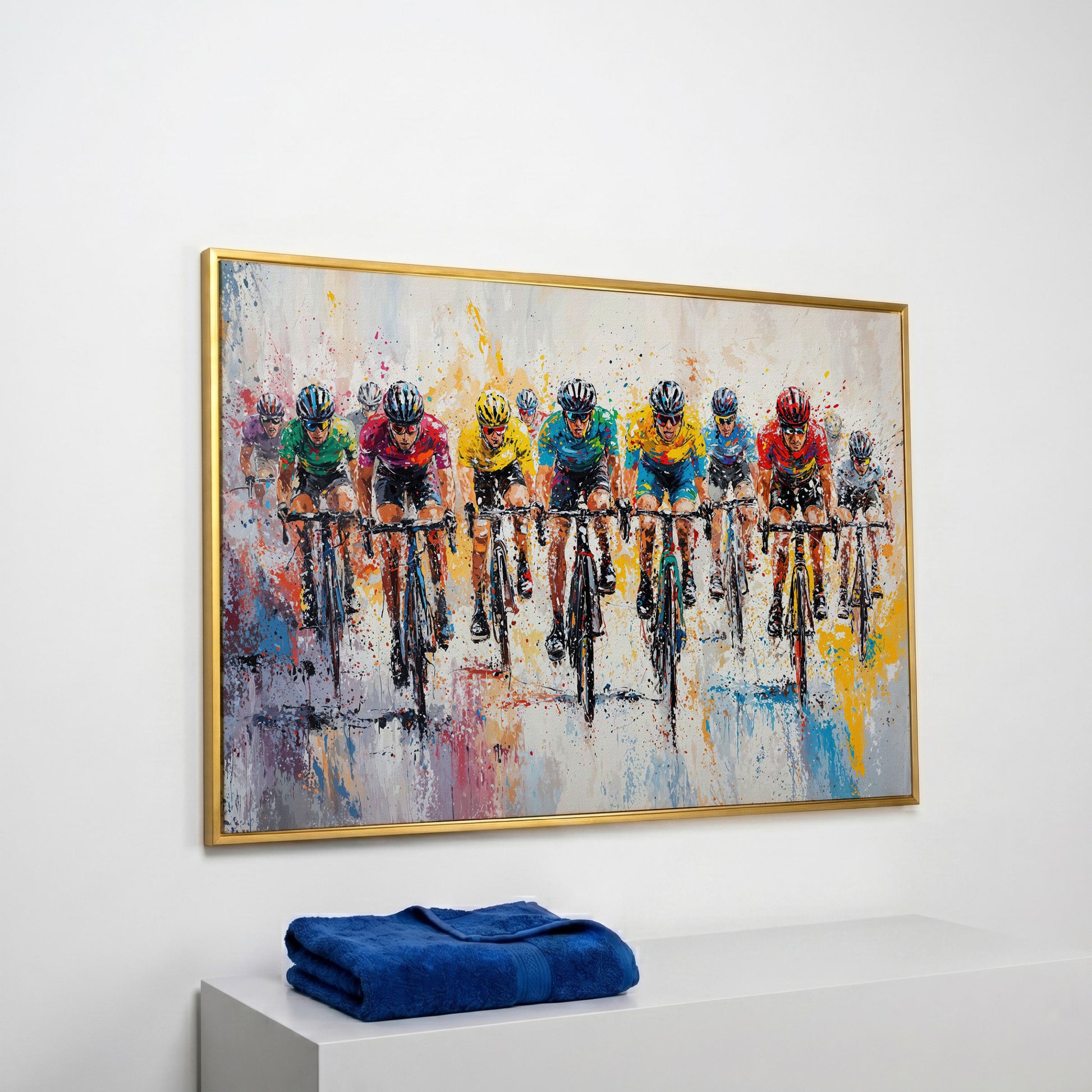 Cycling Race Canvas Print with Teal & Gold Peloton in yellow gold floating frame