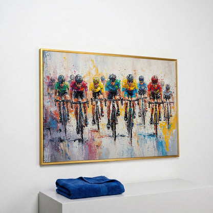 Cycling Race Canvas Print with Teal & Gold Peloton in yellow gold floating frame
