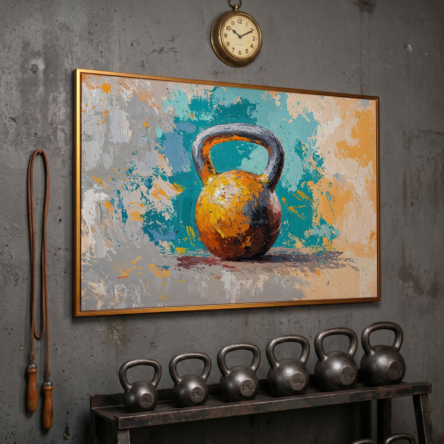 Kettlebell Abstract Canvas for Home Gym in antique gold floating frame