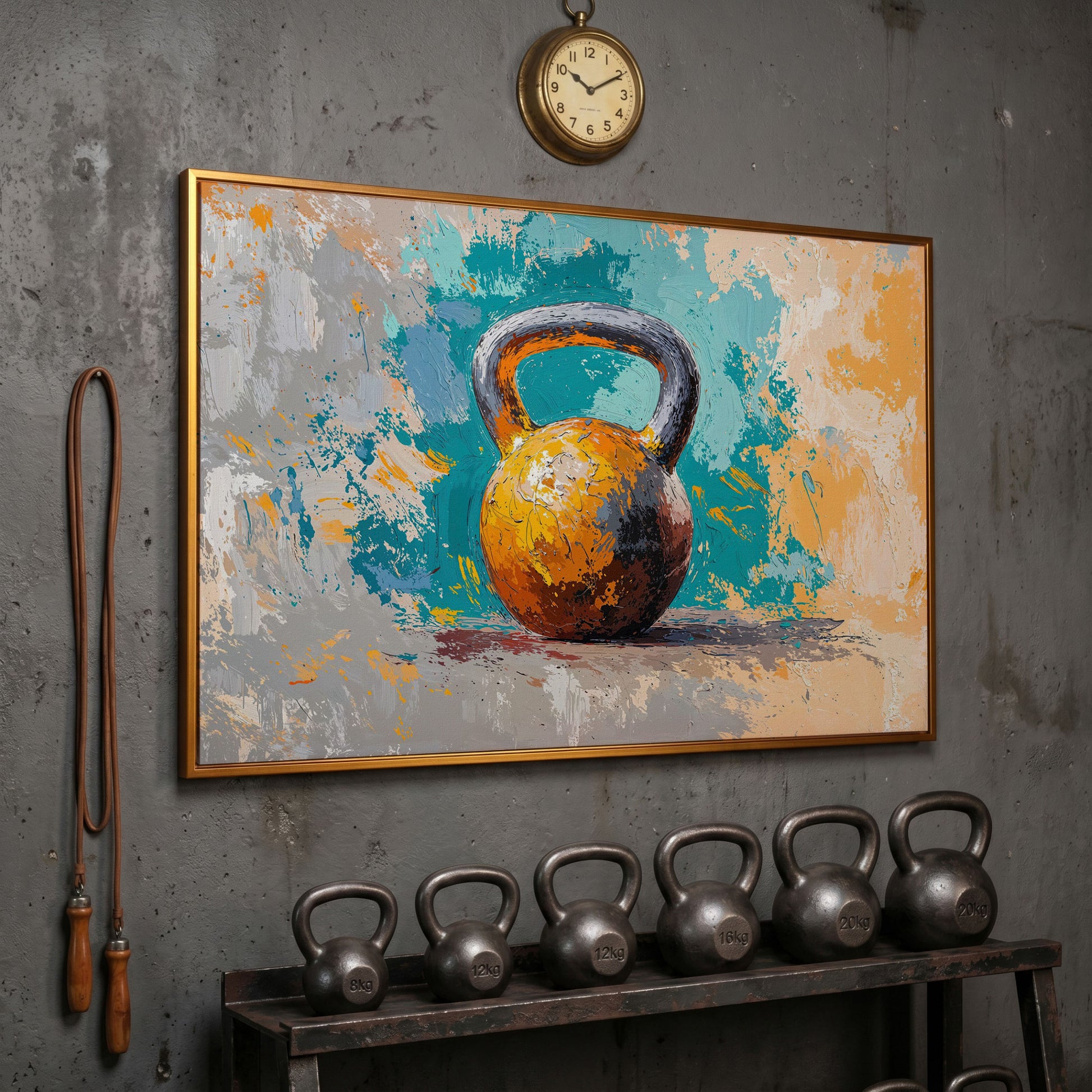 Kettlebell Abstract Canvas for Home Gym in antique gold floating frame