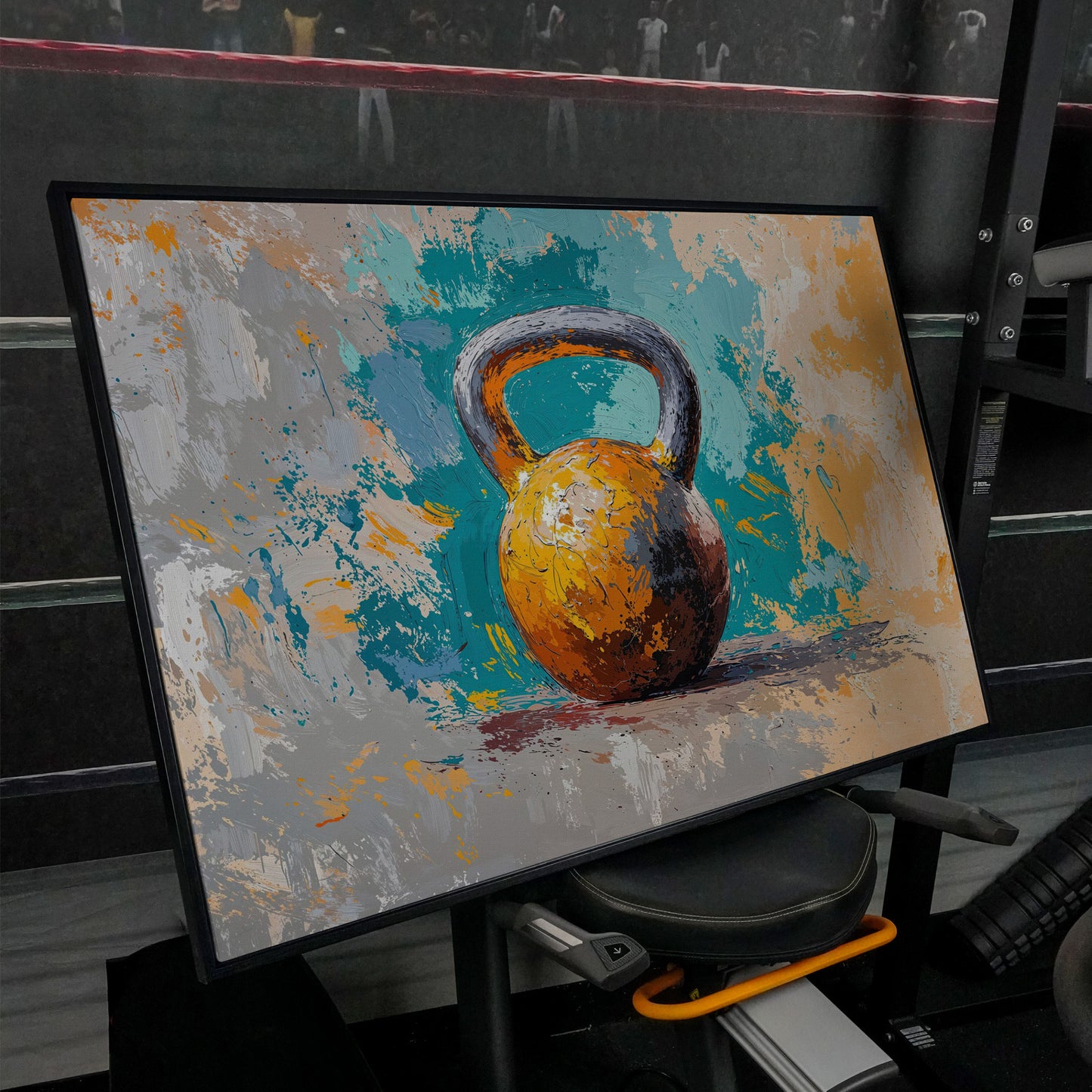 Kettlebell Abstract Canvas for Home Gym in black floating frame
