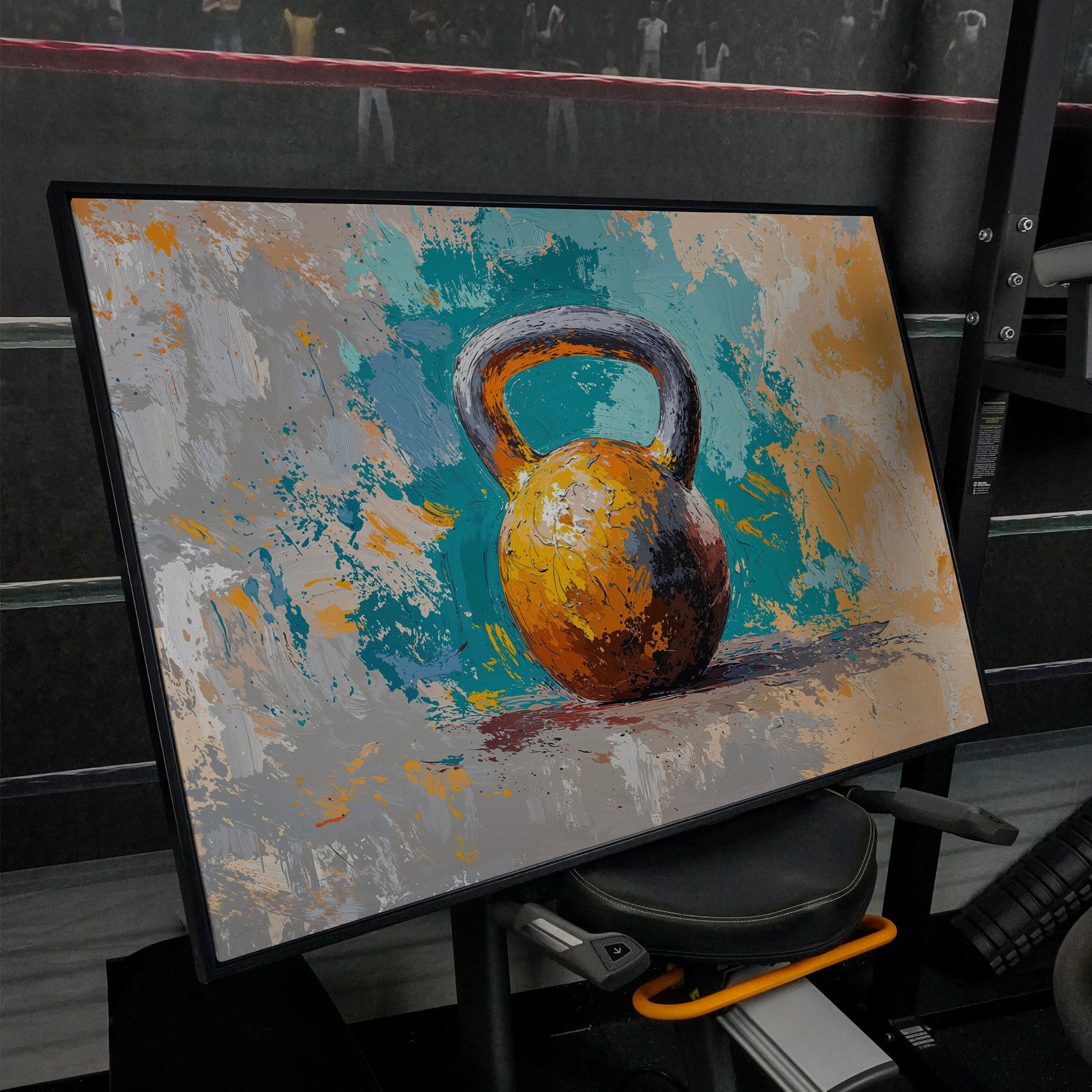 Kettlebell Abstract Canvas for Home Gym in black floating frame