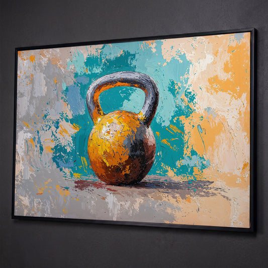 Kettlebell Abstract Canvas for Home Gym shown in black floating frame