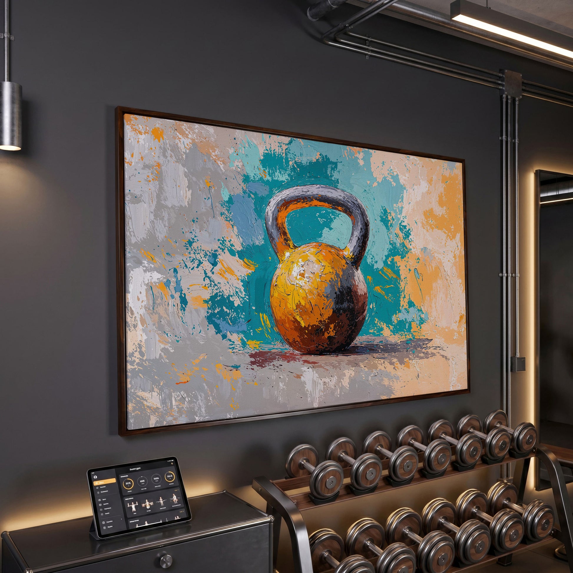 Kettlebell Abstract Canvas for Home Gym in dark walnut floating frame