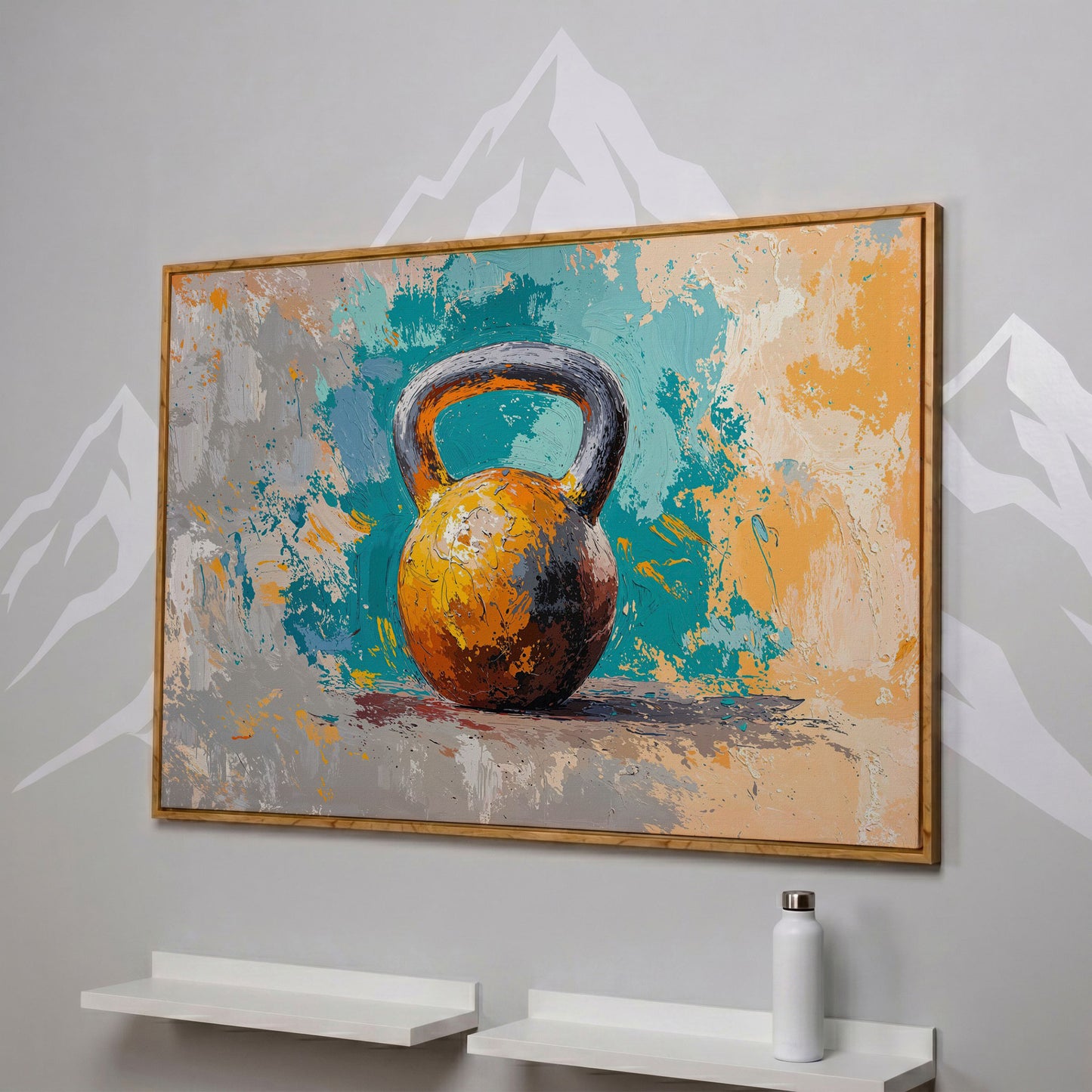 Kettlebell Abstract Canvas for Home Gym in white oak floating frame
