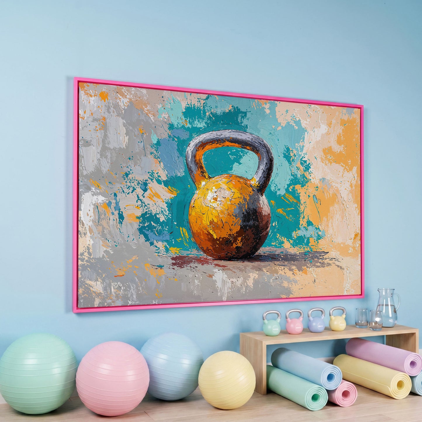 Kettlebell Abstract Canvas for Home Gym in pink floating frame