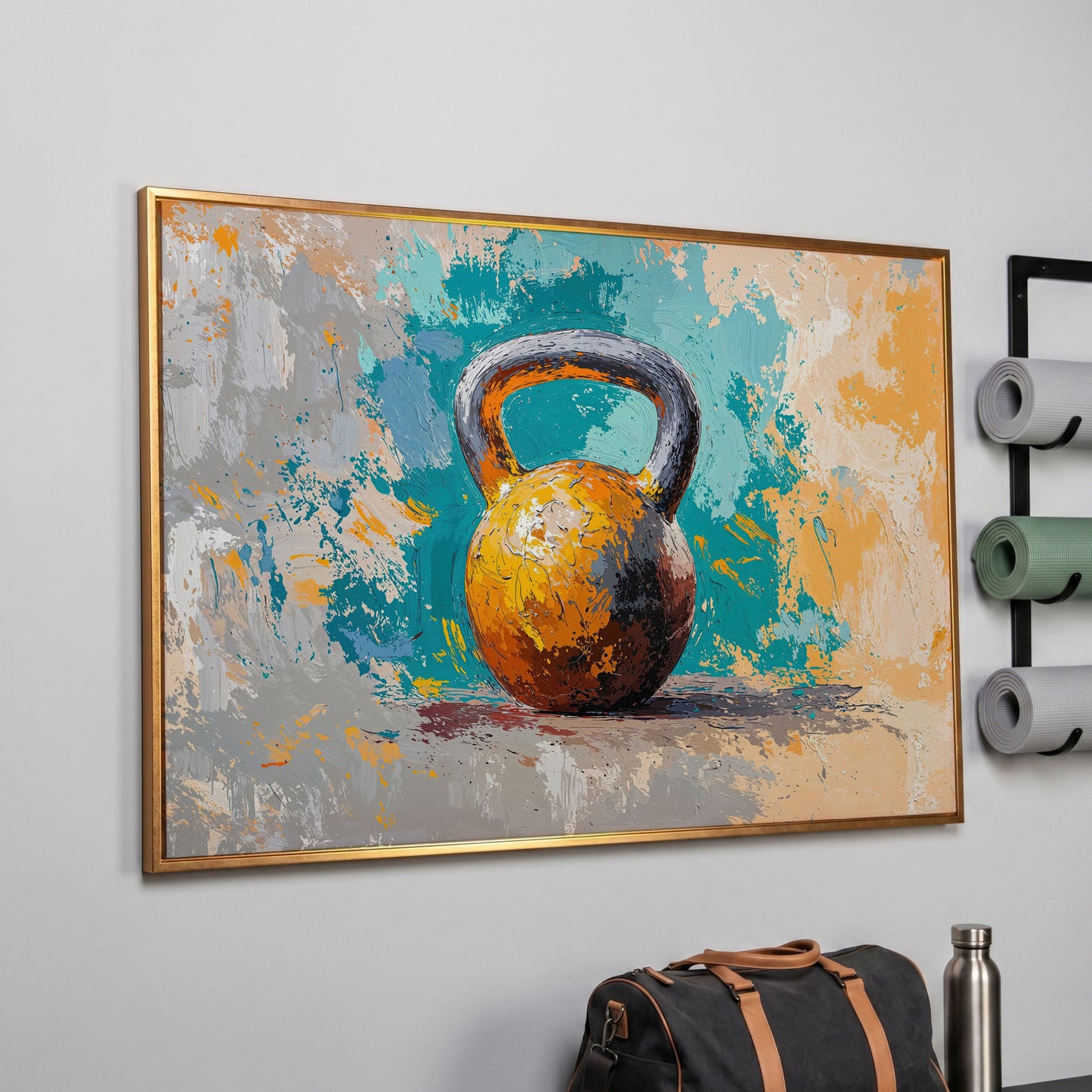 Kettlebell Abstract Canvas for Home Gym in rose gold floating frame