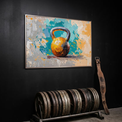 Kettlebell Abstract Canvas for Home Gym in silver floating frame