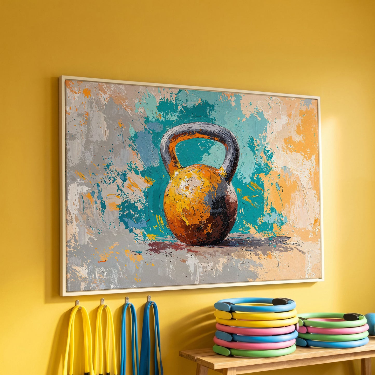 Kettlebell Abstract Canvas for Home Gym in white floating frame