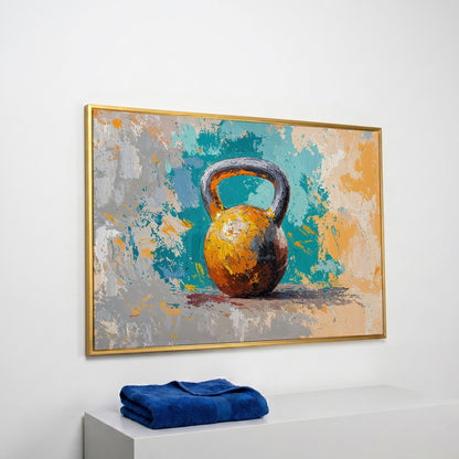 Kettlebell Abstract Canvas for Home Gym in yellow gold floating frame