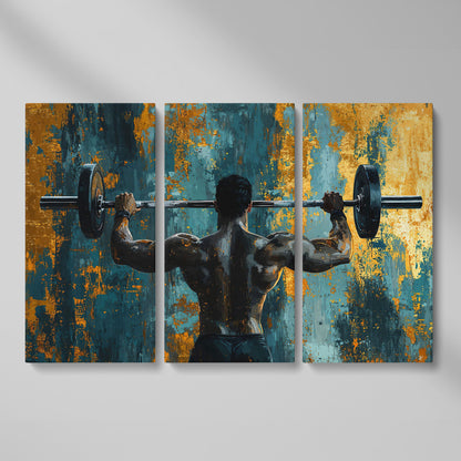 Bodybuilder with Barbell Canvas Print in Teal & Ochre as 3-panel split version