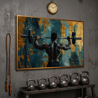Bodybuilder with Barbell Canvas Print in Teal & Ochre in antique gold floating frame