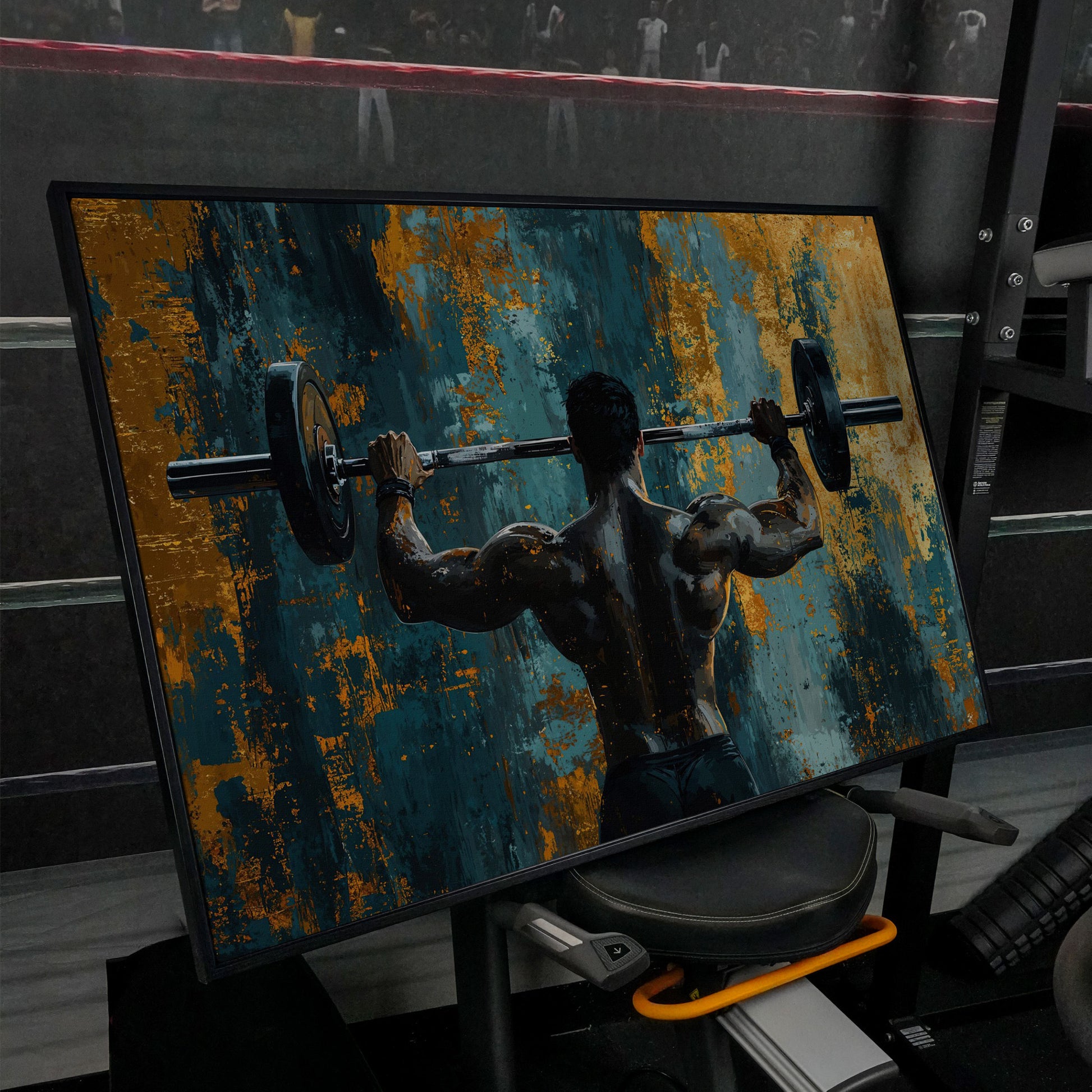 Bodybuilder with Barbell Canvas Print in Teal & Ochre in black floating frame