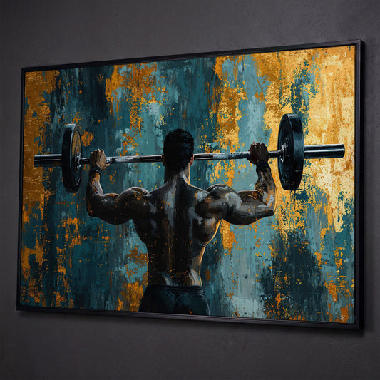 Bodybuilder with Barbell Canvas Print in Teal & Ochre shown in black floating frame
