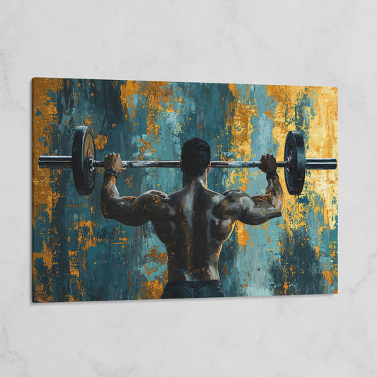 Bodybuilder with Barbell Canvas Print in Teal & Ochre on gallery wrap