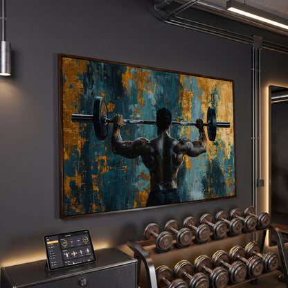 Bodybuilder with Barbell Canvas Print in Teal & Ochre in dark walnut floating frame