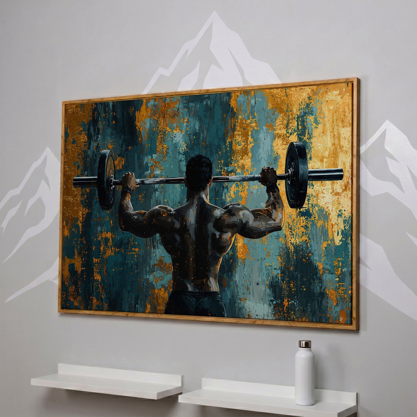 Bodybuilder with Barbell Canvas Print in Teal & Ochre in white oak floating frame