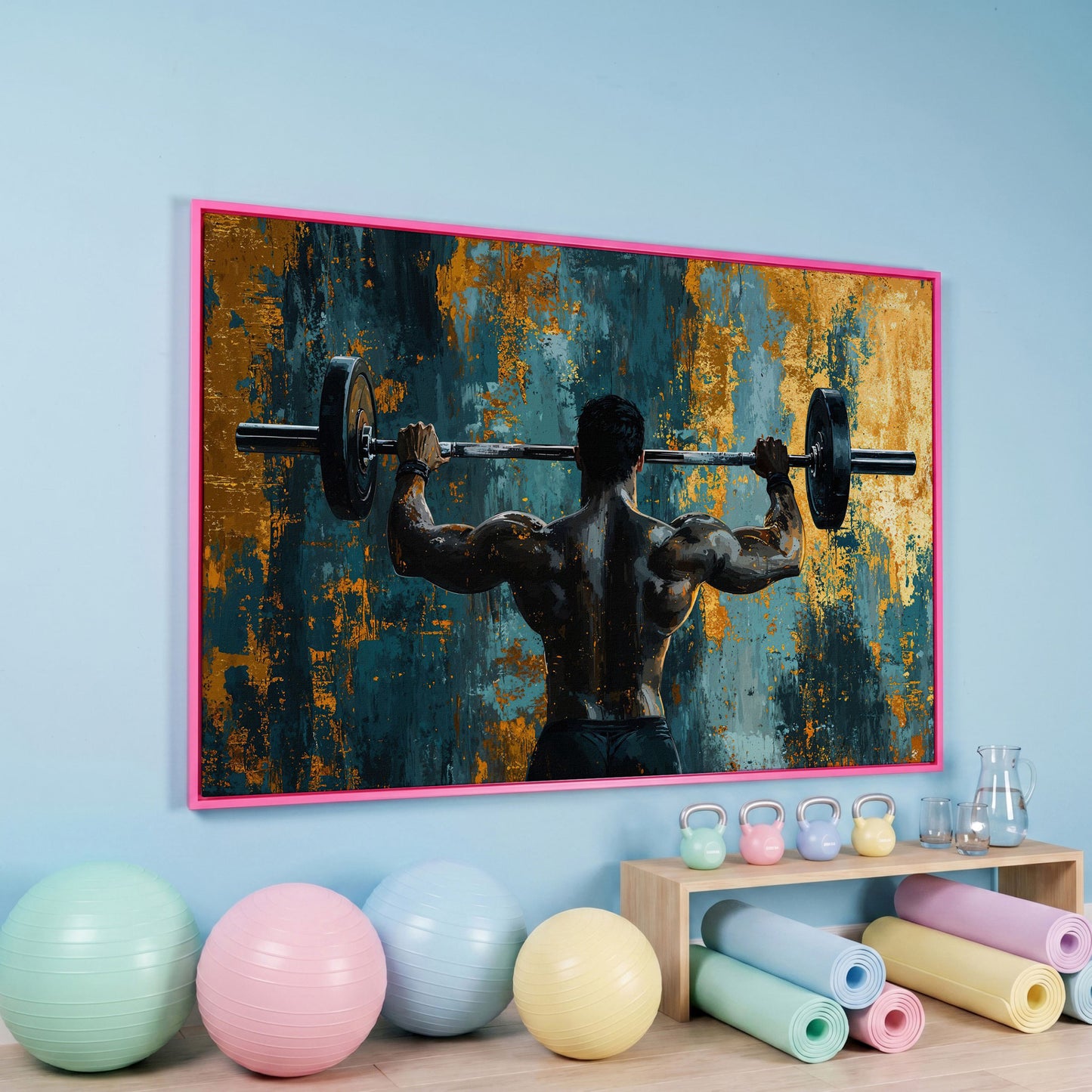 Bodybuilder with Barbell Canvas Print in Teal & Ochre in pink floating frame