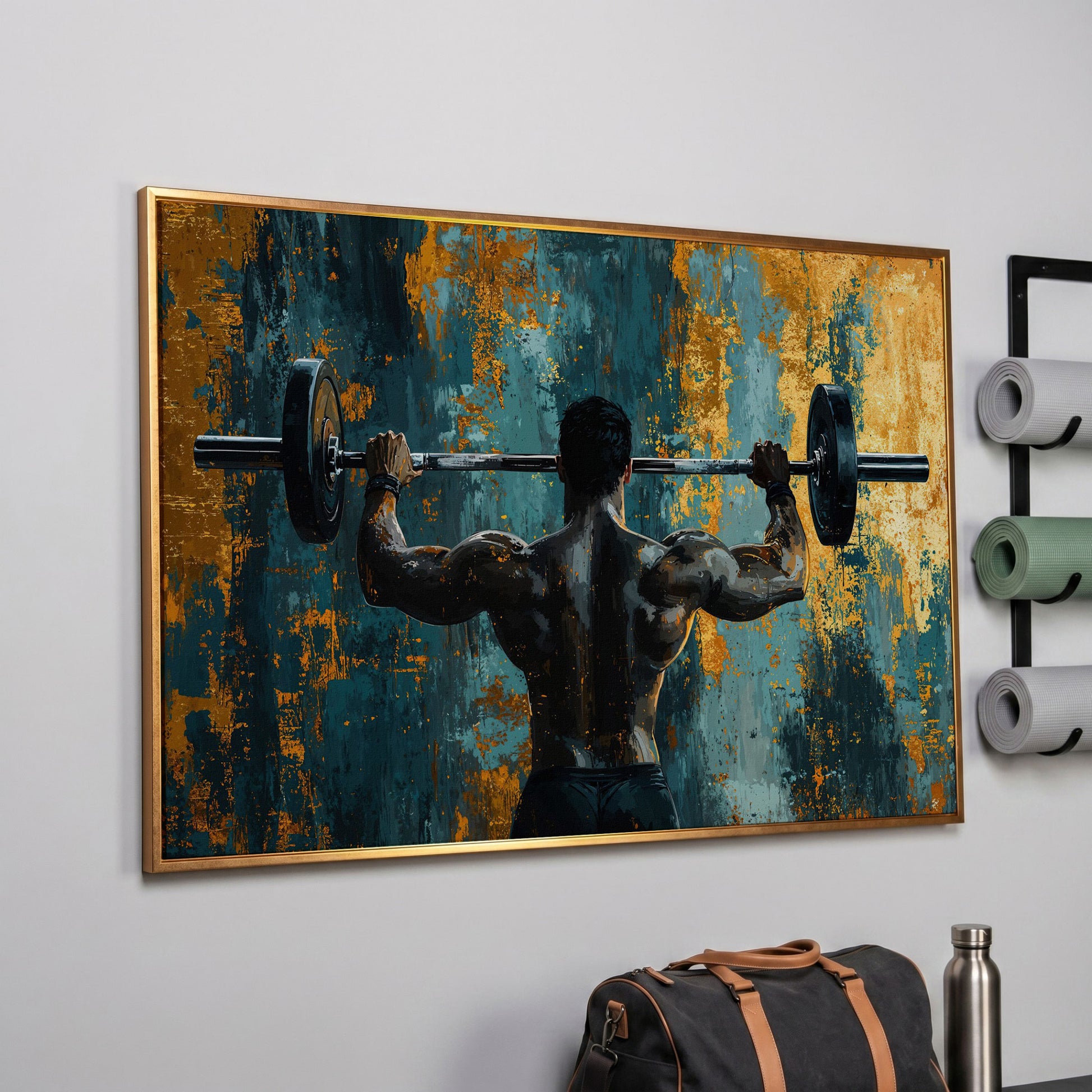 Bodybuilder with Barbell Canvas Print in Teal & Ochre in rose gold floating frame