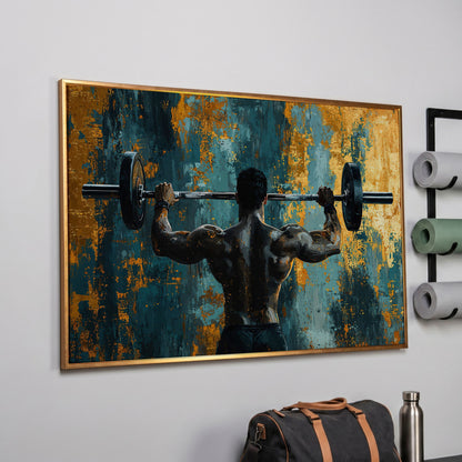 Bodybuilder with Barbell Canvas Print in Teal & Ochre in rose gold floating frame