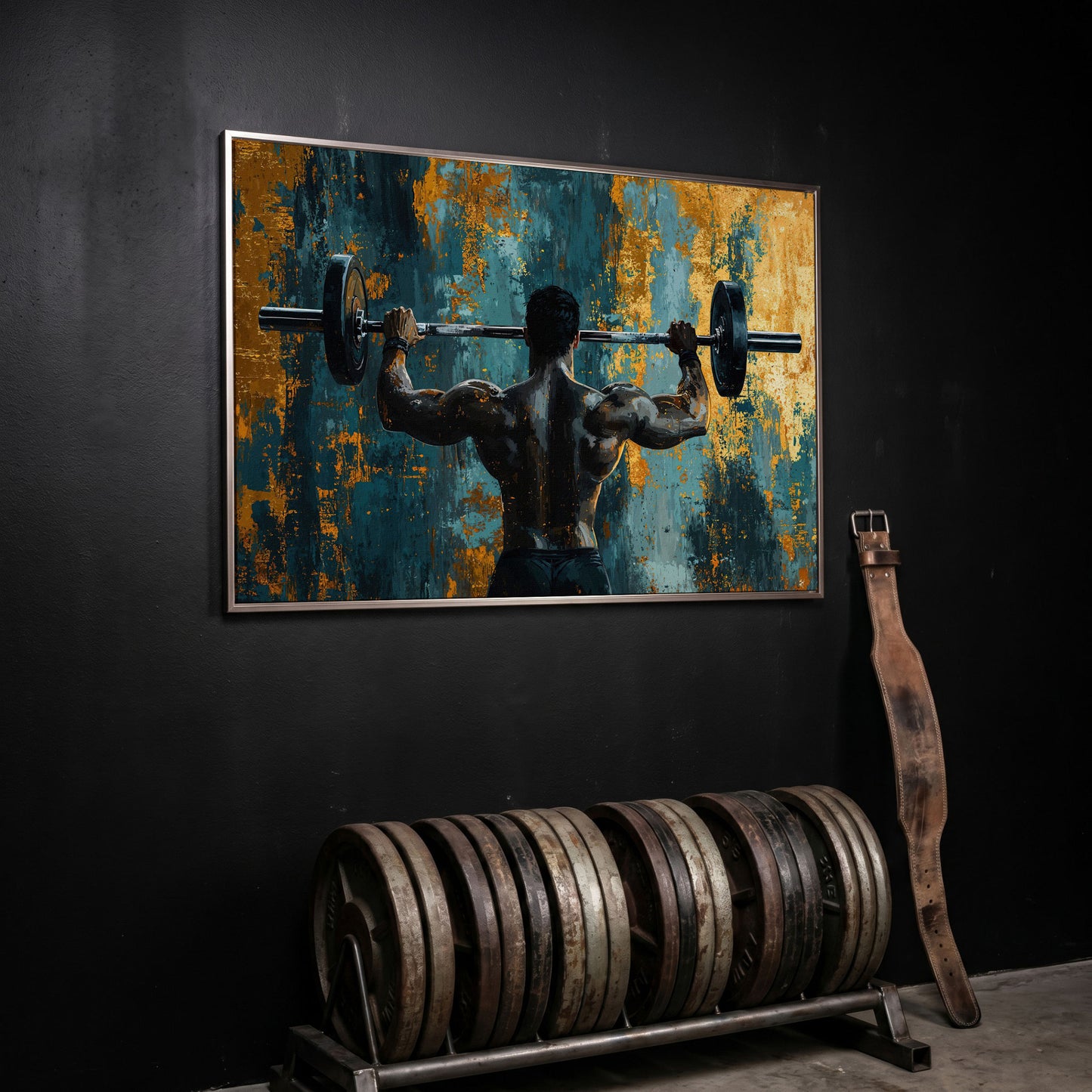 Bodybuilder with Barbell Canvas Print in Teal & Ochre in silver floating frame