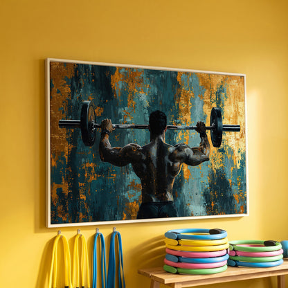 Bodybuilder with Barbell Canvas Print in Teal & Ochre in white floating frame