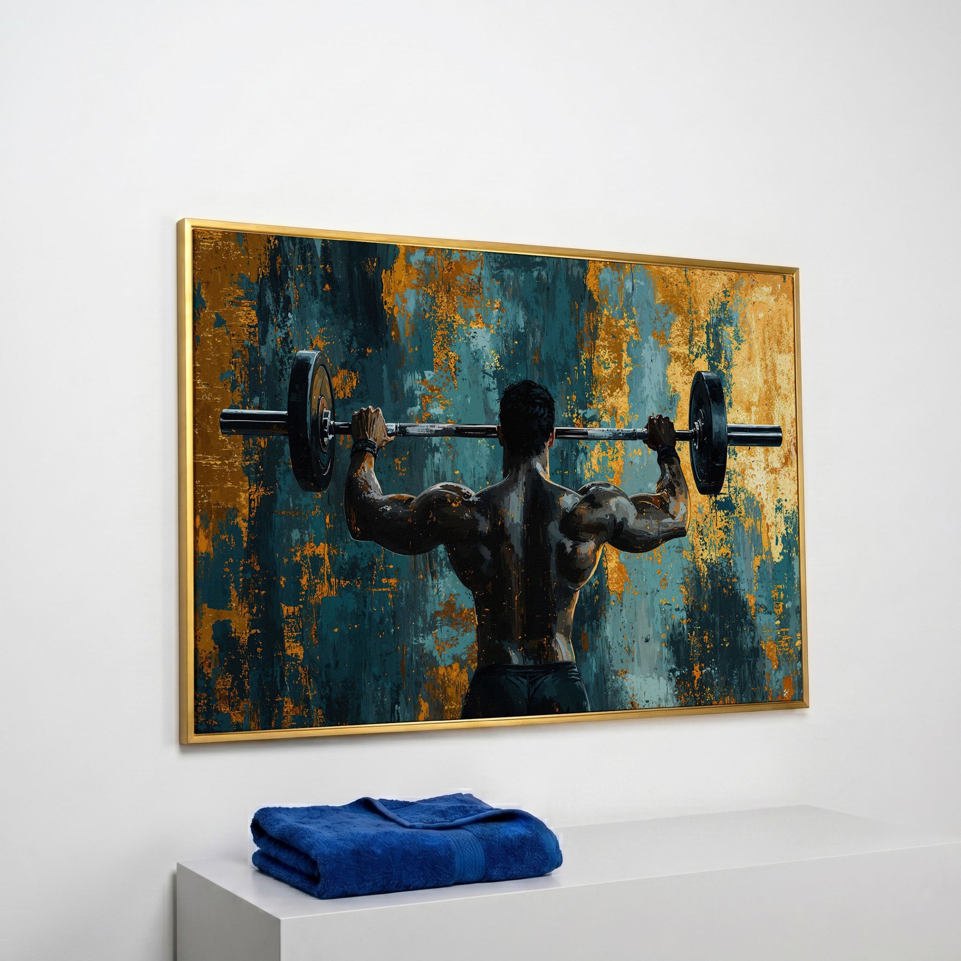 Bodybuilder with Barbell Canvas Print in Teal & Ochre in yellow gold floating frame