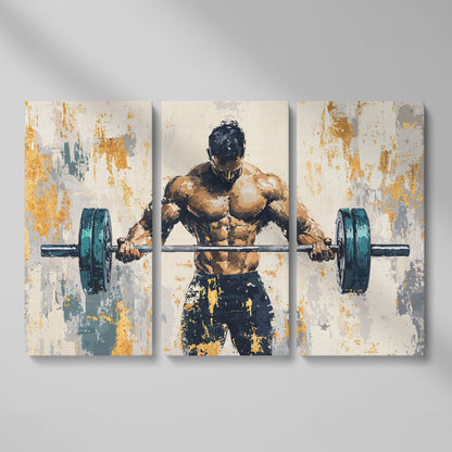Weightlifter with Barbell Canvas Print in Teal and Gold as 3-panel split version