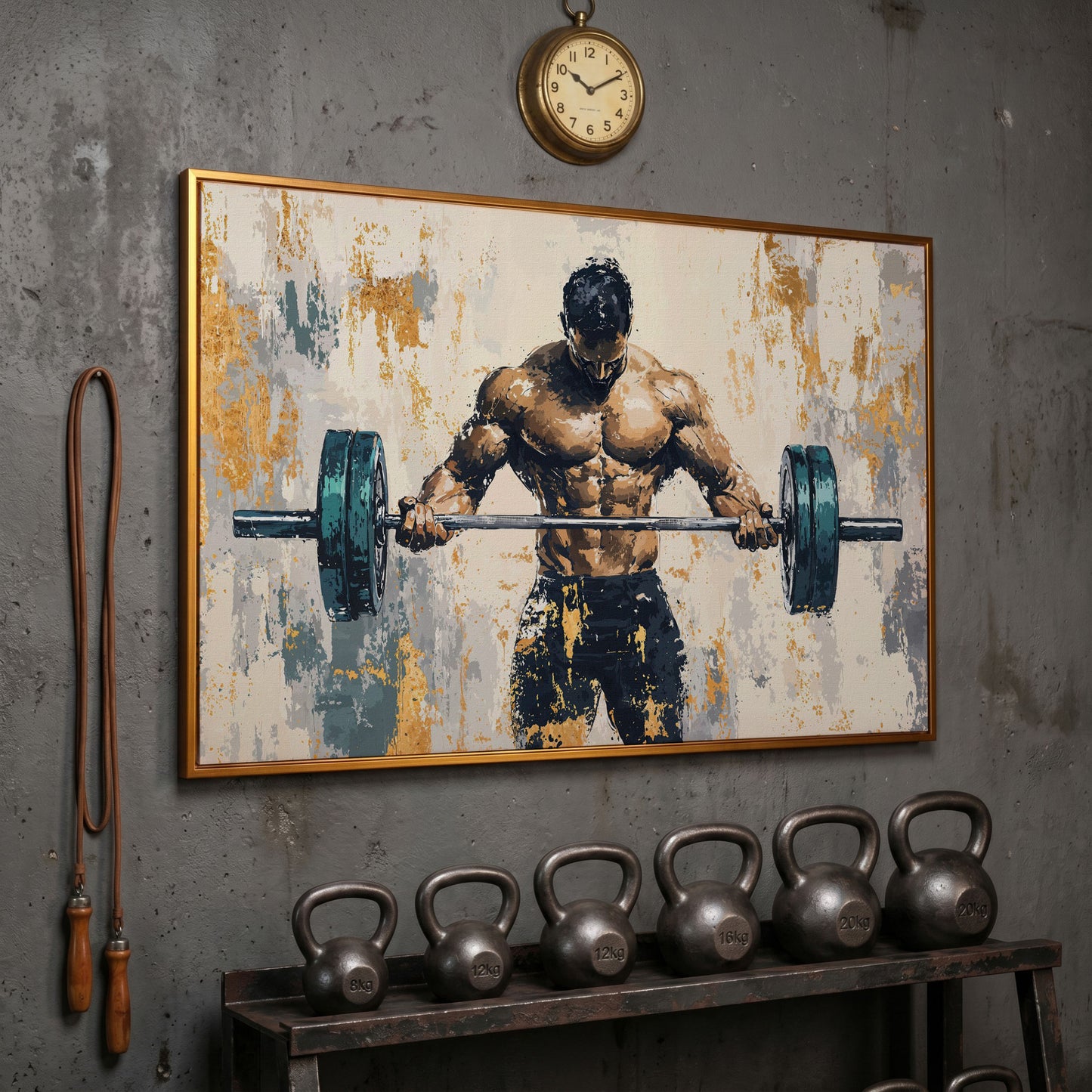 Weightlifter with Barbell Canvas Print in Teal and Gold in antique gold floating frame