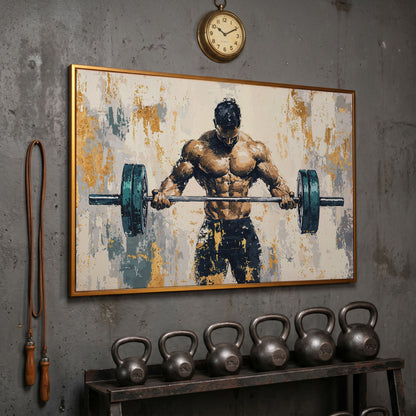 Weightlifter with Barbell Canvas Print in Teal and Gold in antique gold floating frame