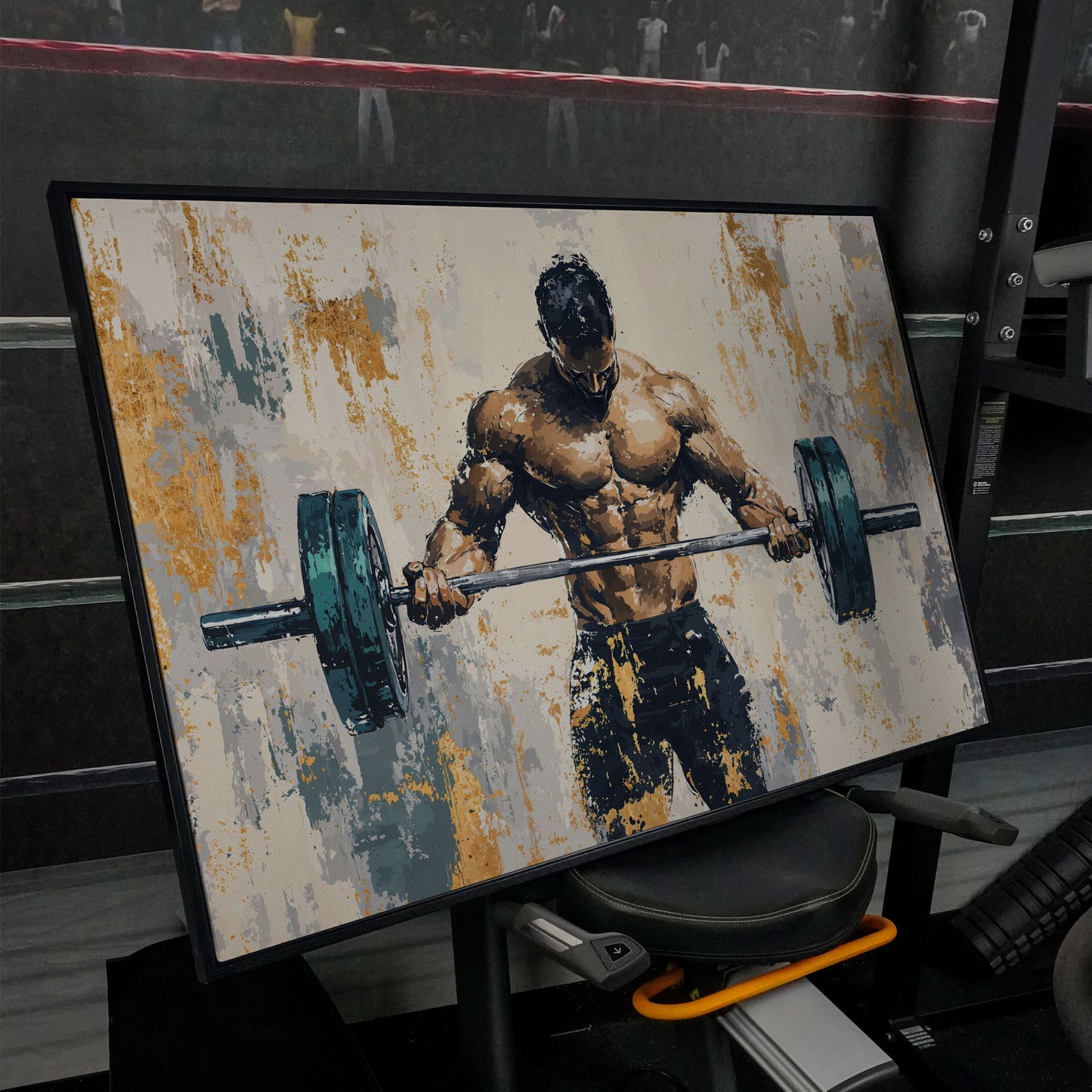Weightlifter with Barbell Canvas Print in Teal and Gold in black floating frame